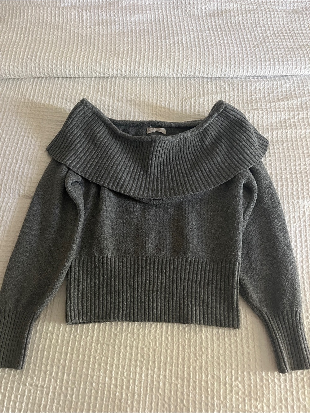 By Together Gray Off-the-Shoulder Foldover Ribbed Sweater